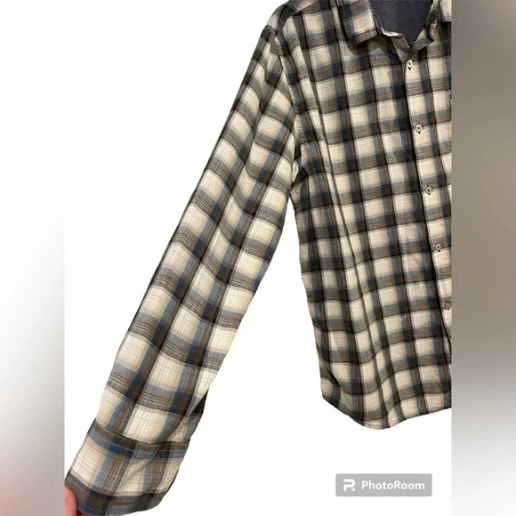 Horny Toad Button Up Shirt Mens XL Organic Cotton Beige Blue Plaid Chore - Picture 2 of 7